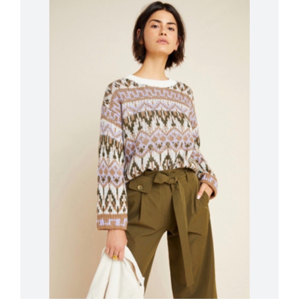 Anthropologie FABIANA Knit Fair Isle Wool Alpaca Sweater Purple Brown XS Italy